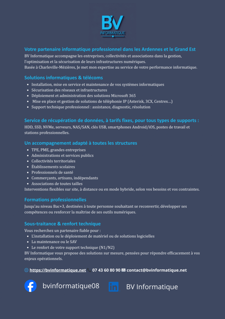 Version PNG de la plaquette commerciale de BV Informatique pour affichage sur le site